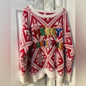 Holiday Time Red and White Merry Christmas Sweater Oversized Size 1X 16W-18W